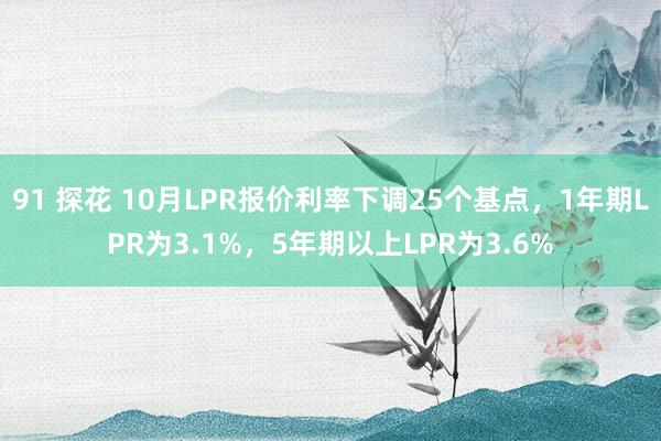 91 探花 10月LPR报价利率下调25个基点，1年期LPR为3.1%，5年期以上LPR为3.6%